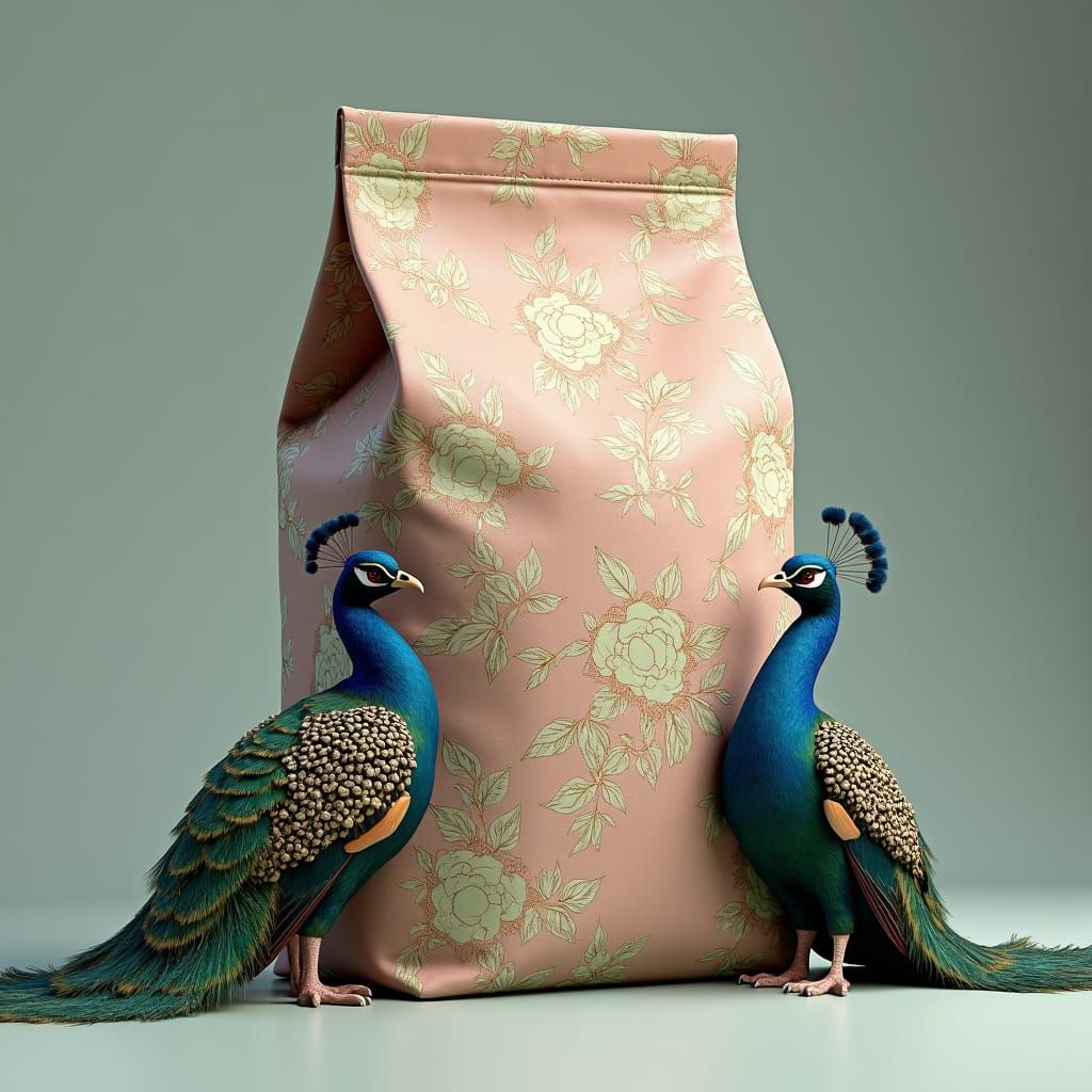 Ornate Floral Pouch with Peacocks in Concept Art Style