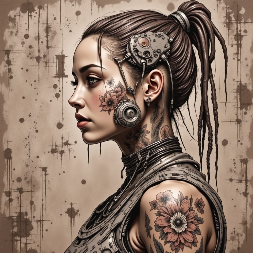 Smiling Cyborg Woman with Floral and Street Map Details