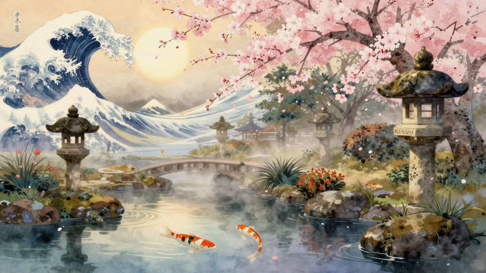 Tranquil Japanese Garden at Dawn with Falling Blossoms