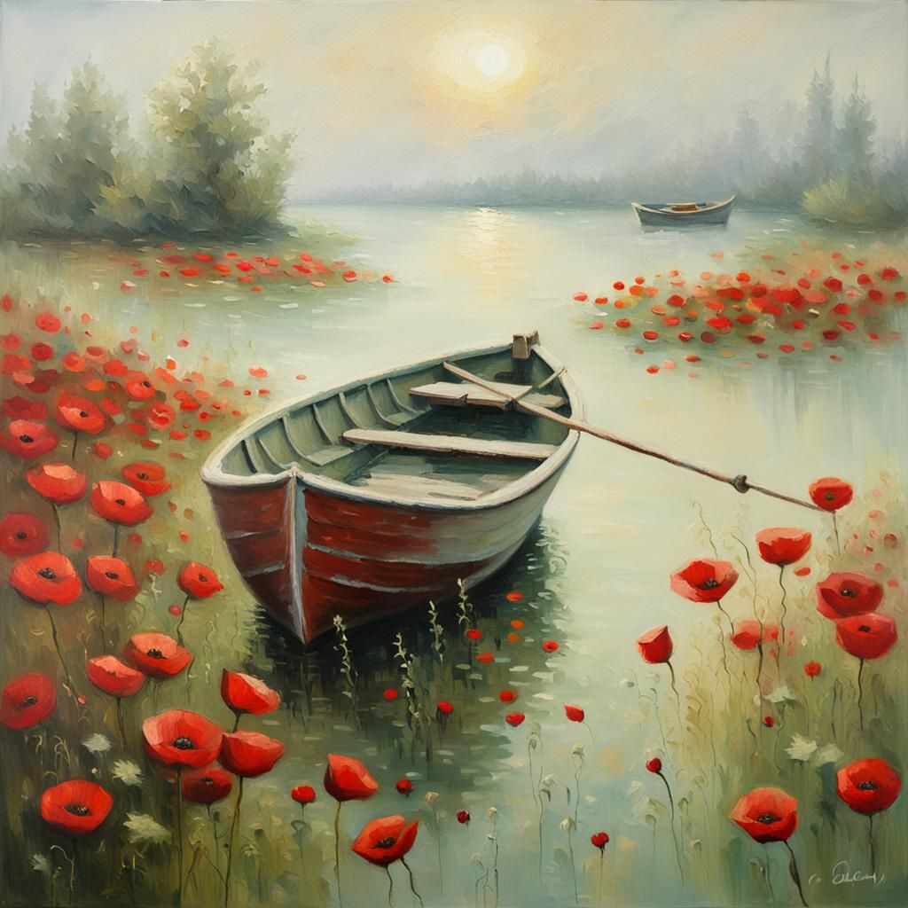 Rowboat of Poppies: Impressionist Oil Painting
