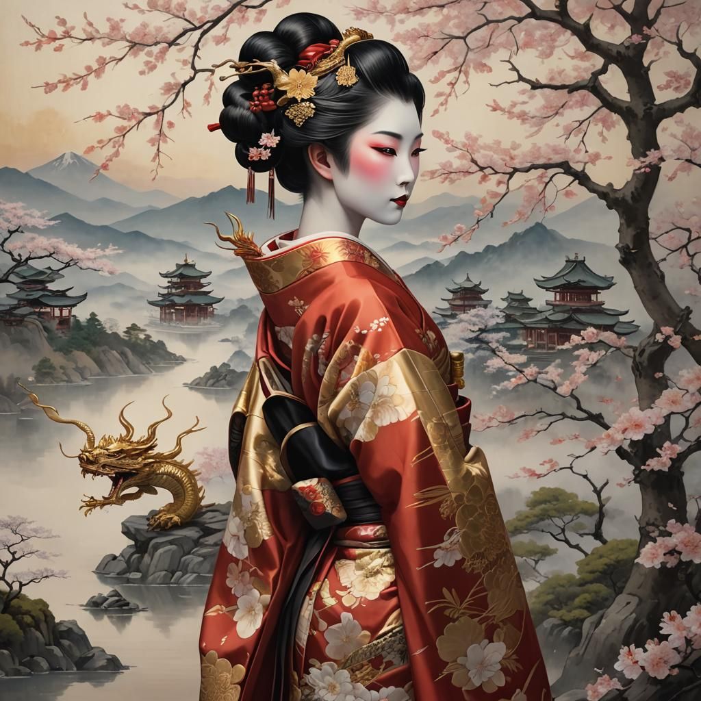 Geisha in Opulent Kimono with Dragon, Dreamy Art