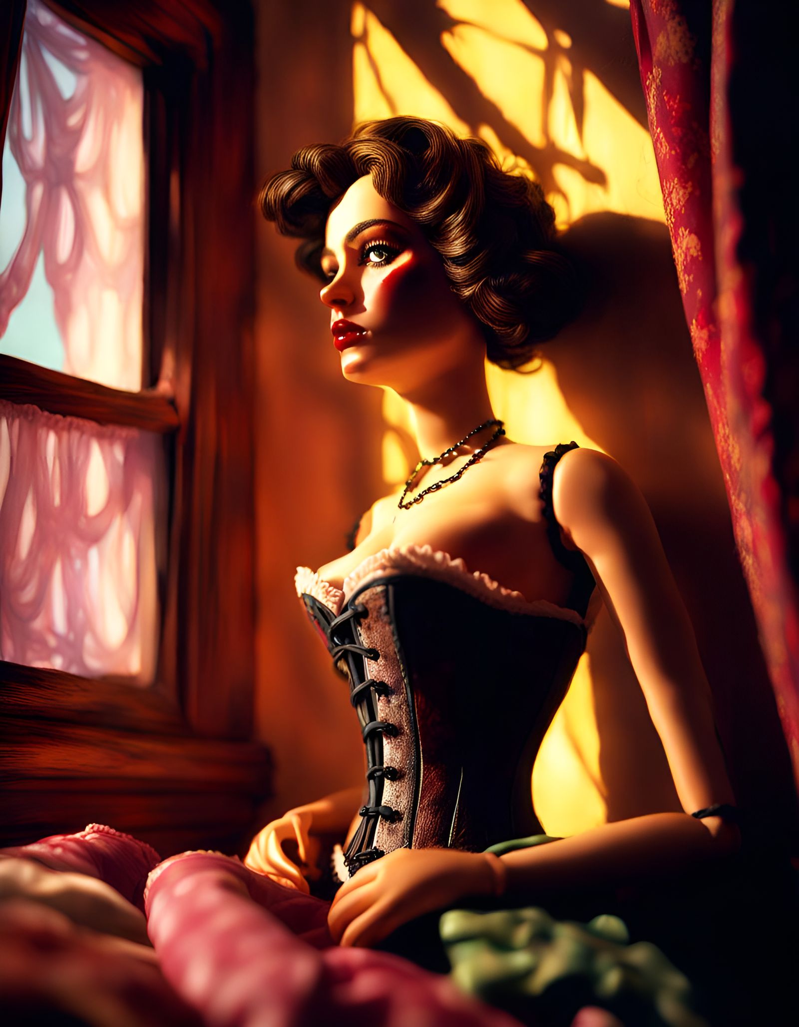 Hyperrealistic Doll Bordello Scene with Woman Doll