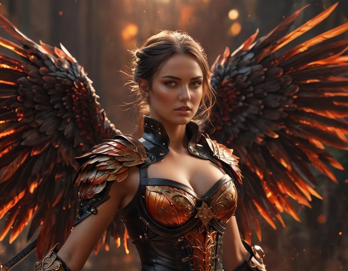 Fiery Warrior Angel with Sword in Street Art Style