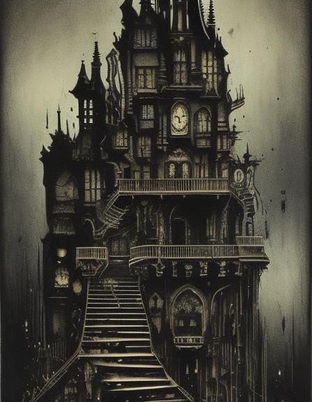 Ghostly Figure on Gothic Staircase in Horror Art