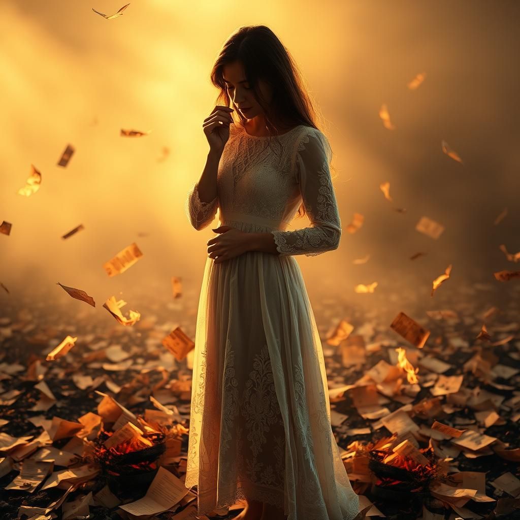 Woman Burns Letters in Golden Light: Photorealistic Image