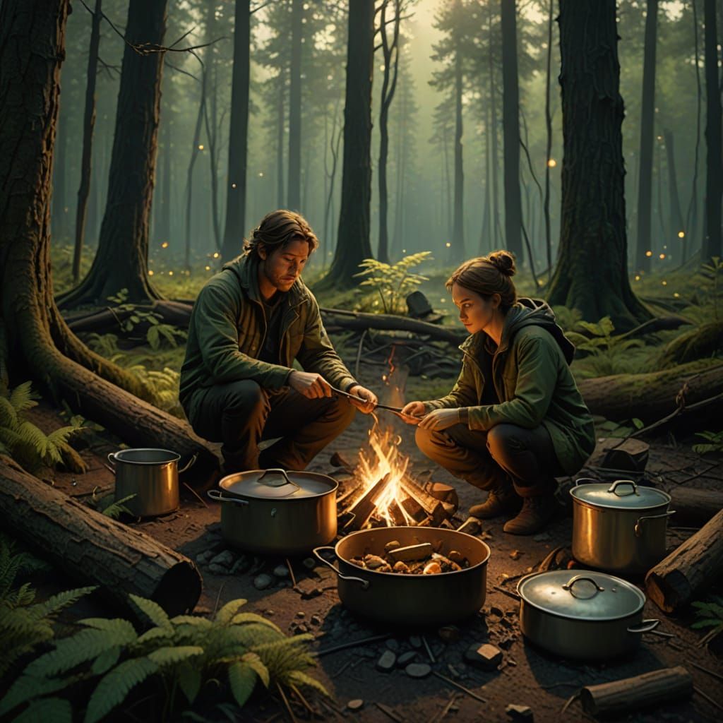 Surreal Campfire Scene in Moody Forest Landscape