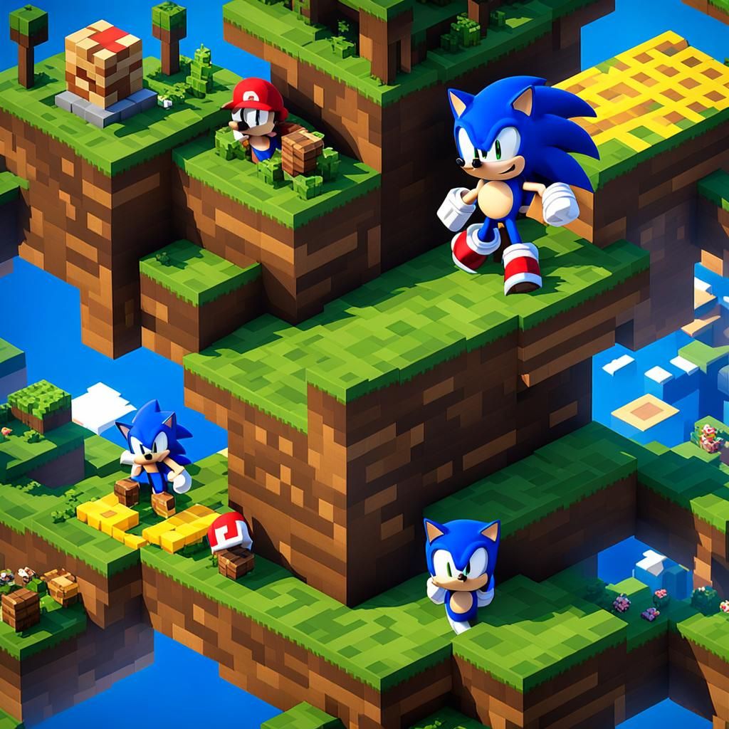 Sonic, Mario, and Steve Unite in Fantasy Landscape