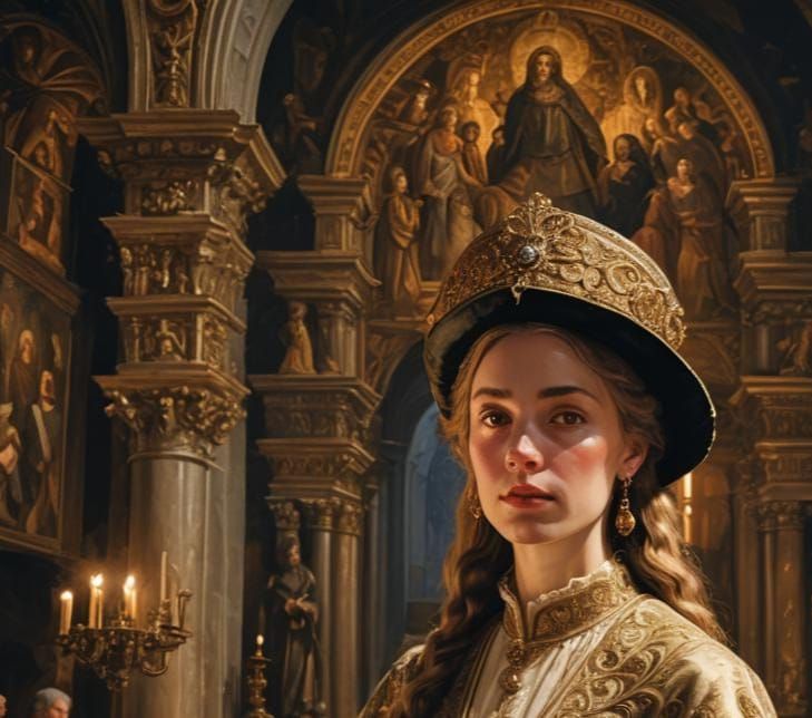 Baroque Church Scene with a Seductive Female Figure