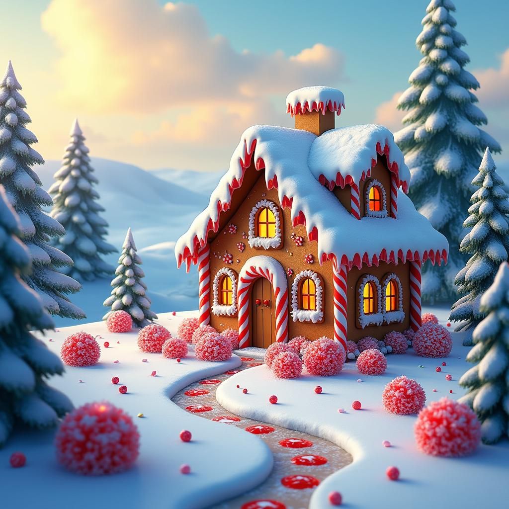 A fantastically detailed gingerbread house in a snowy winter...