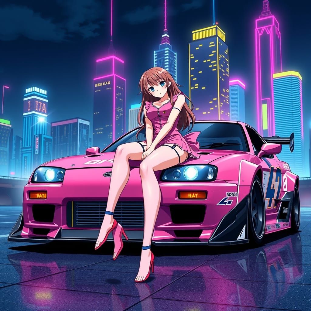 Anime Woman on Car Hood in Neon Tokyo