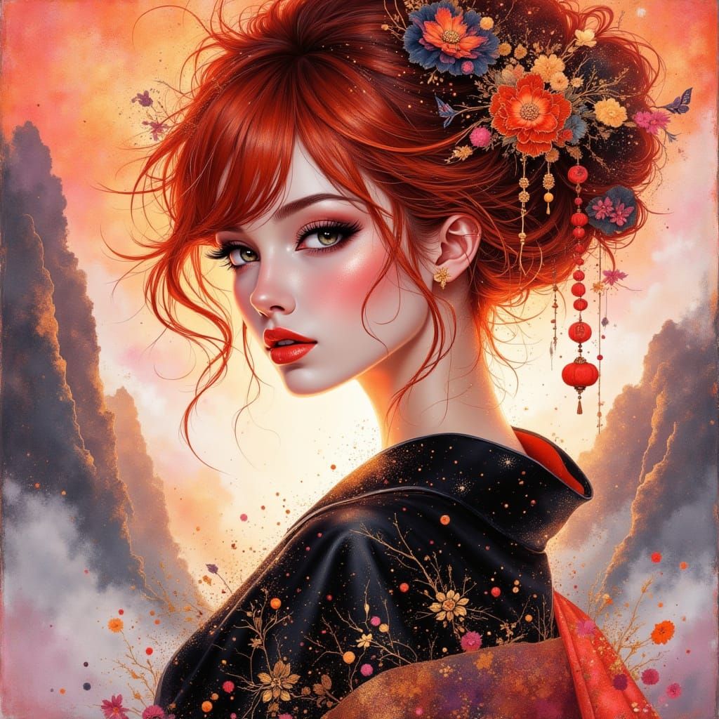 Futuristic Geisha with Flaming Hair in Vibrant Kimono