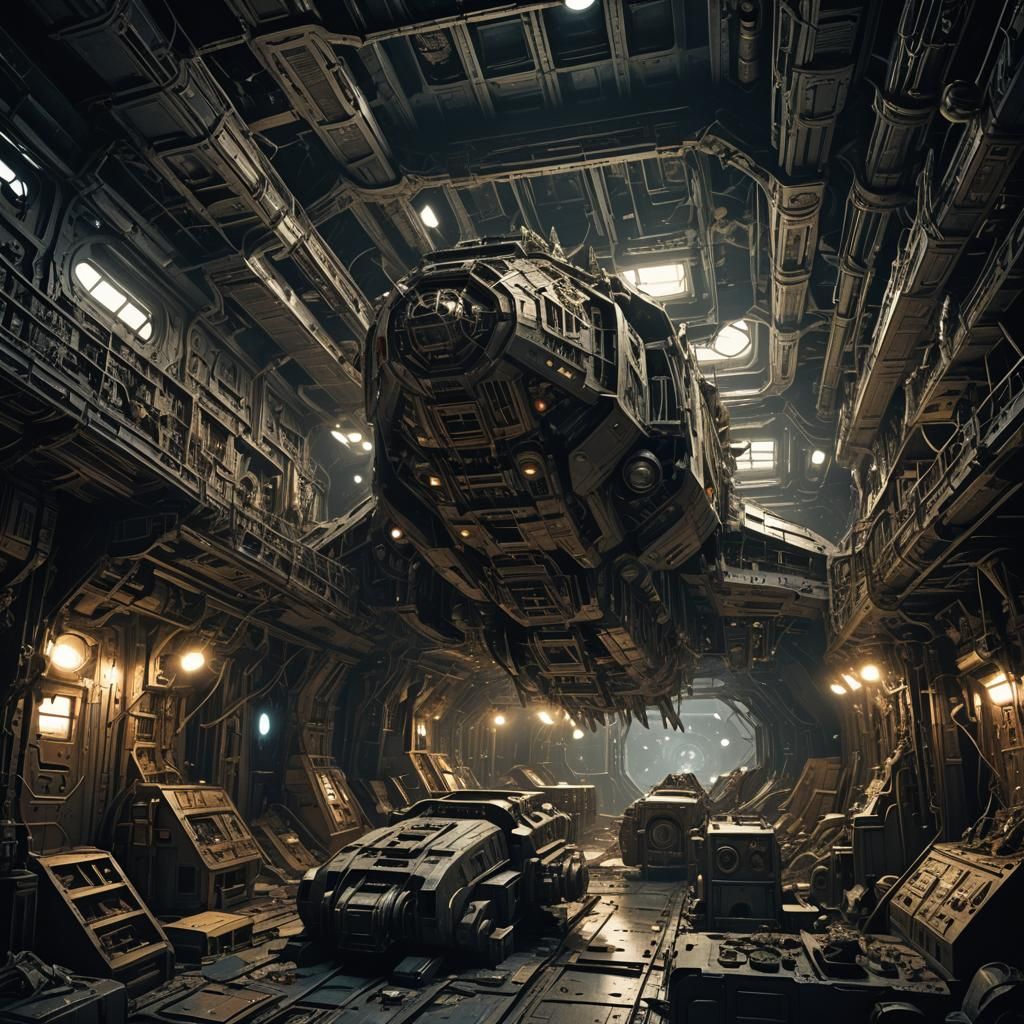 Eerie Spaceship Interior in Surreal Horror Style