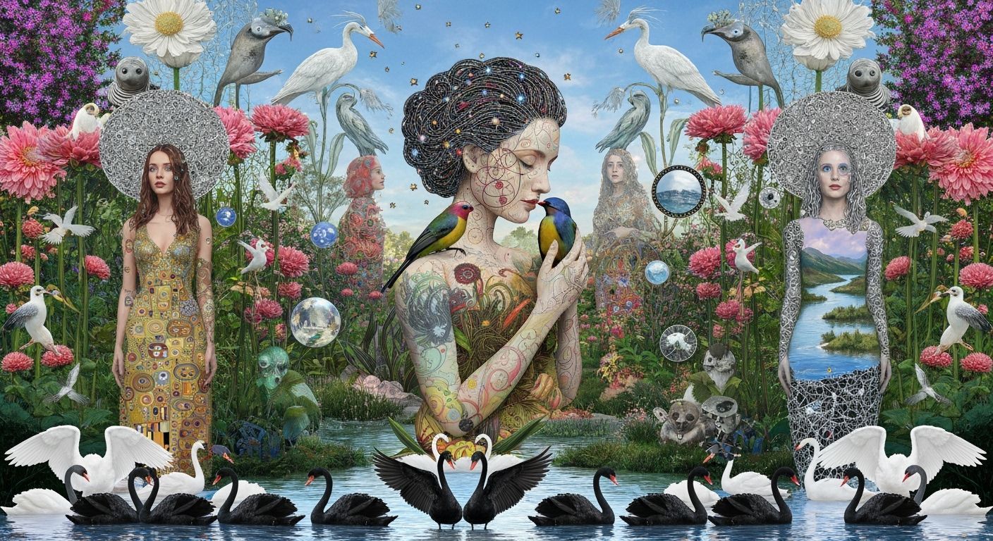 Cosmic Surreal Garden Party with Bioluminescent Flora