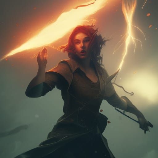 Girl Wizard Conjuring Lightning in Dark Fantasy Style