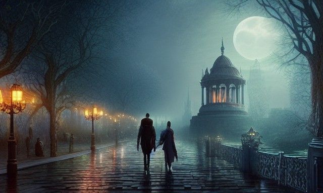 Epic Midnight Promenade: Atmospheric Digital Painting