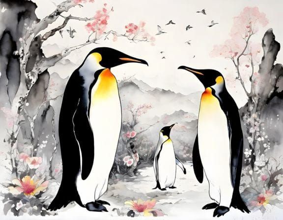 Minimalist Sumi-e Ink Drawing of Penguins