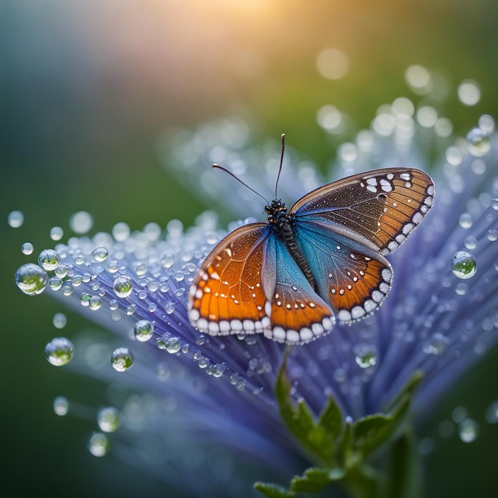 butterfly , morning dew drops
