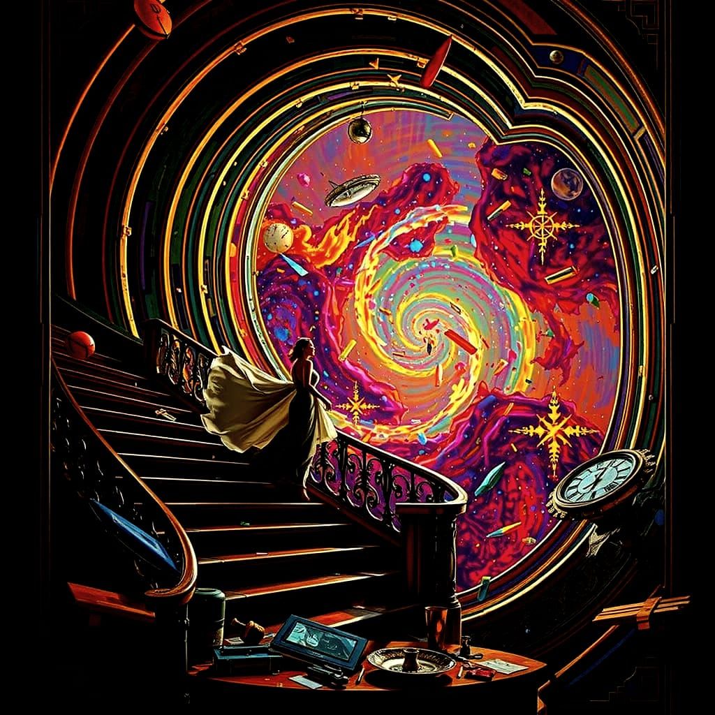 Elegant Woman on Staircase in Hyperrealistic Style