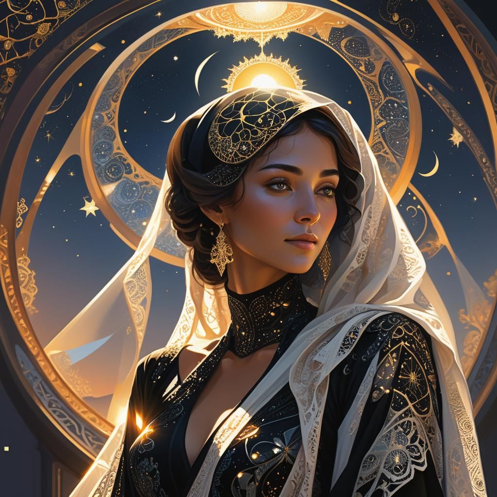 Ottoman Woman Holds Sun in Cyberpunk Style