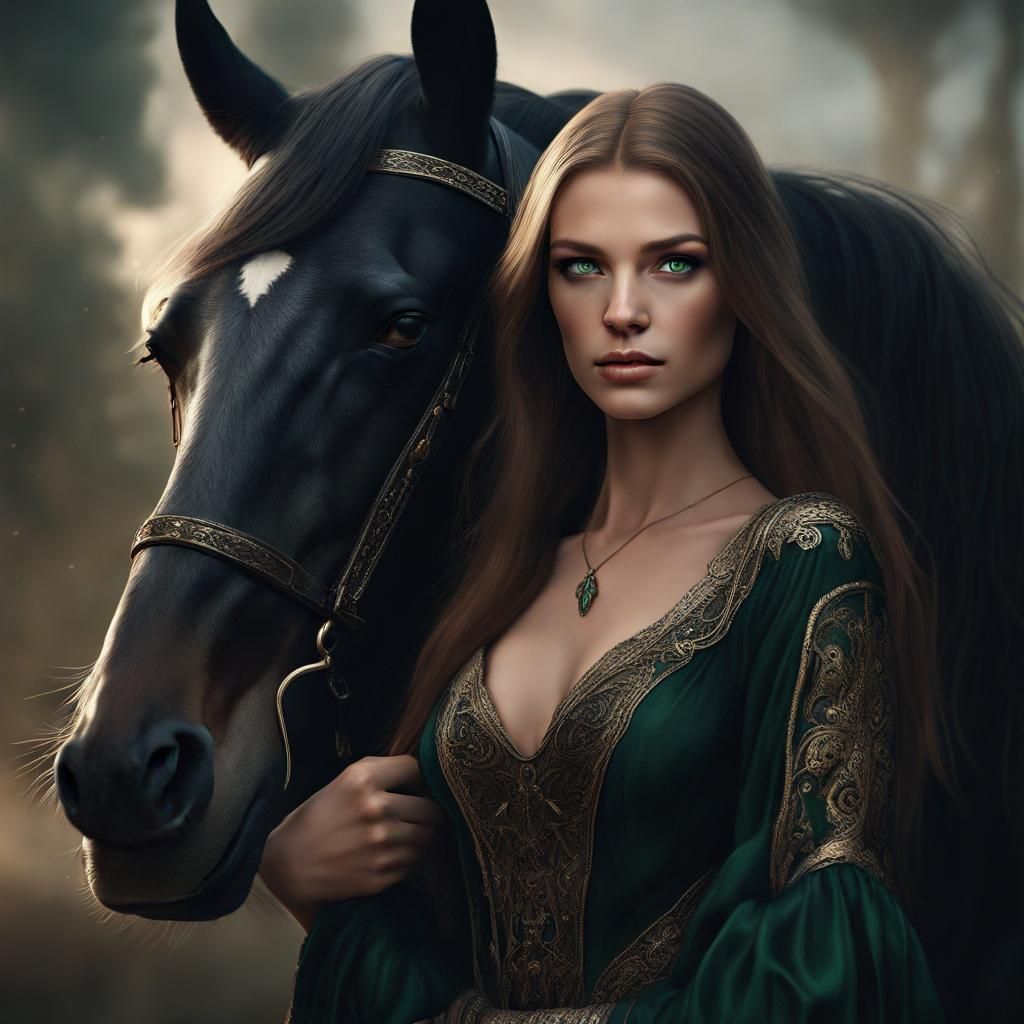 Young fantasy woman with black horse