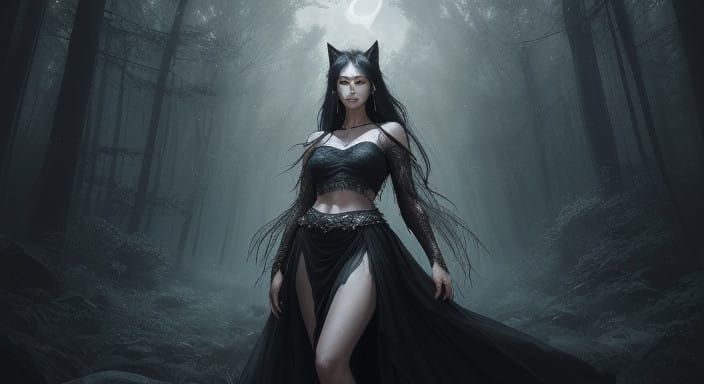 Surreal European Goddess in Moonlit Forest