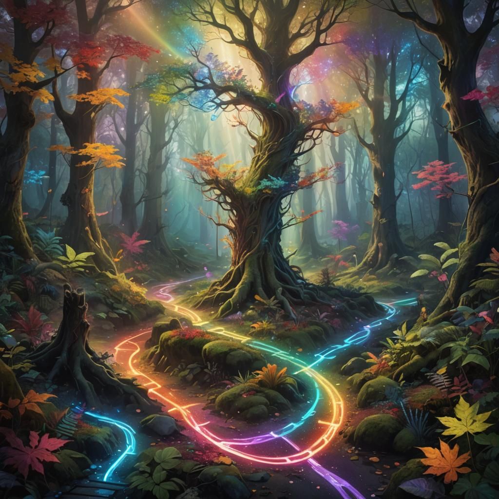 Mystical Forest Crossroads: Rainbow Paths in Dreamlike Setti...