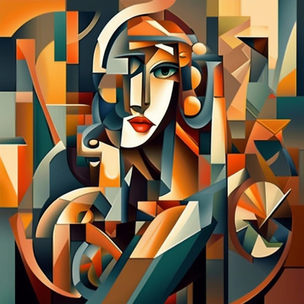Cubist Saxophone Girl with Clocks in Art Deco Style