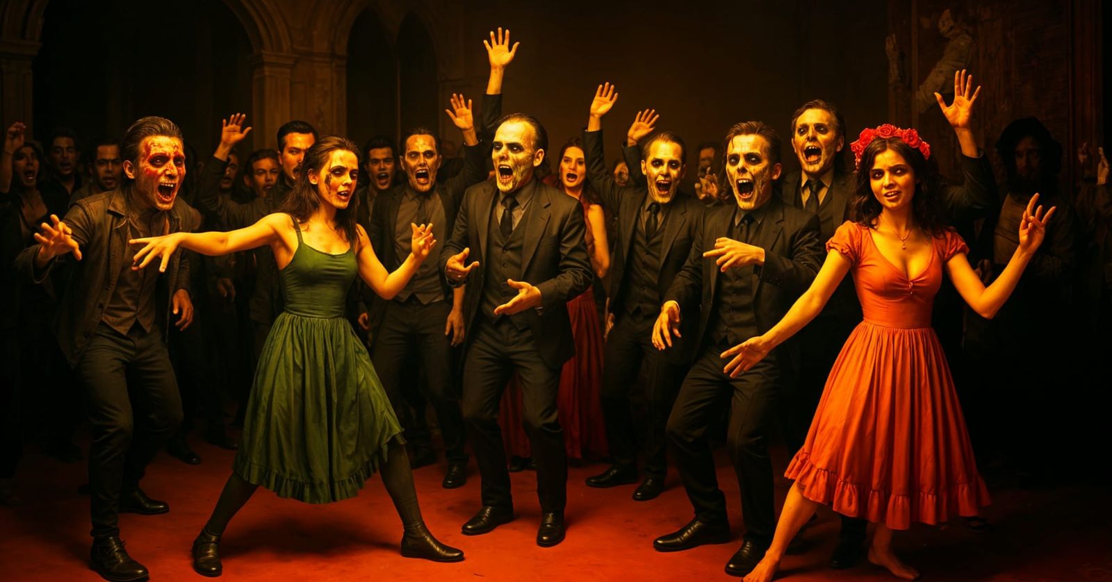 Zombies wearing vibrant D&iacute;a de los Muertos face paint...