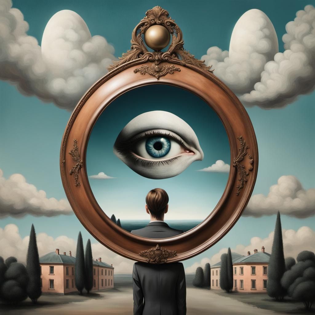 Surrealist Fusion Inspired by Magritte's False Mirror