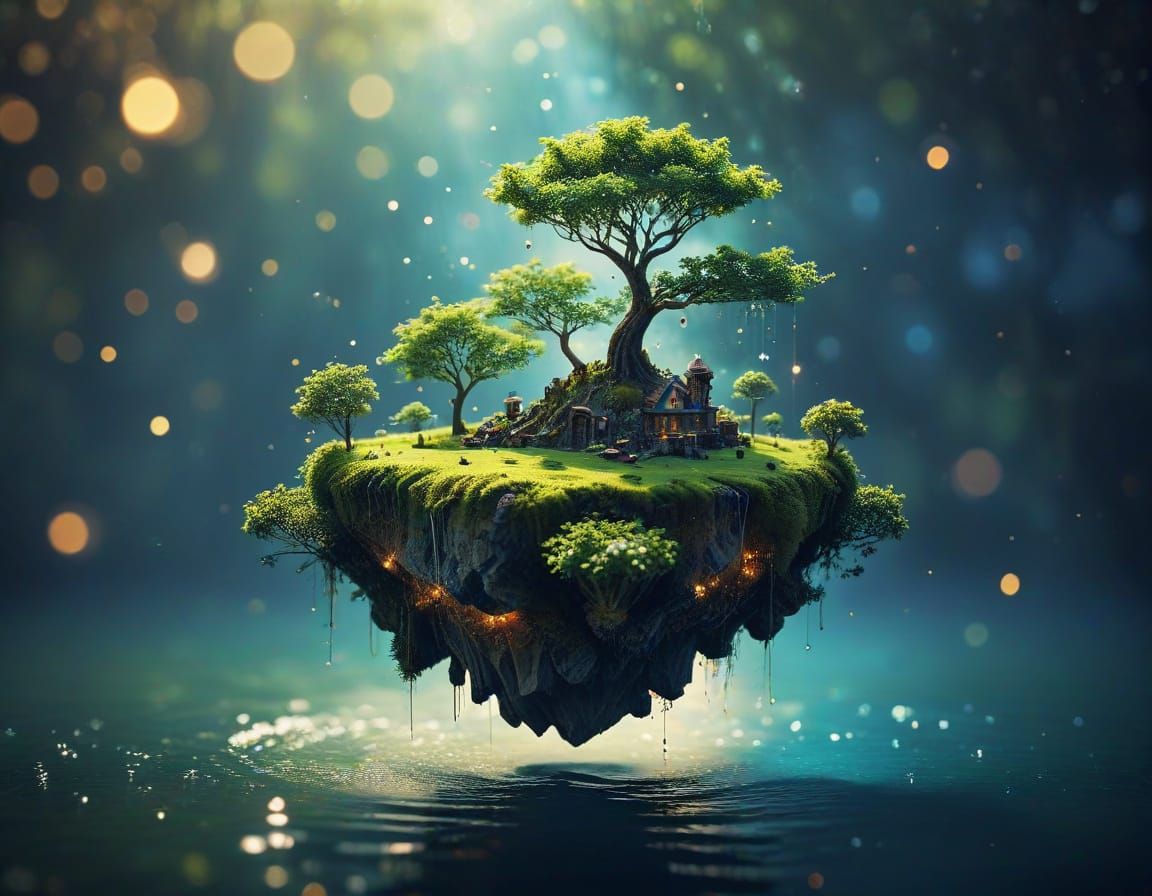 Mystical Floating Oasis in Ethereal Bokeh Light