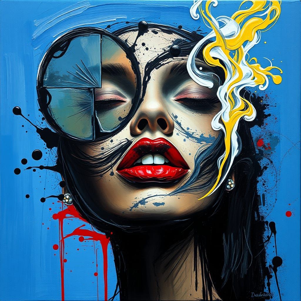 Abstract Expressionist Portrait with Red Lips