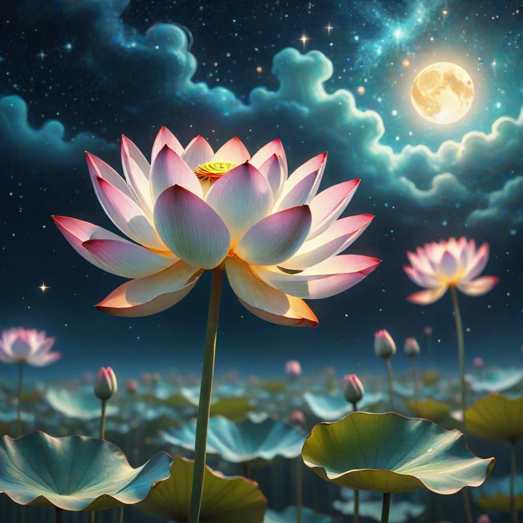 Celestial Lotus Blooms in Starry Night Sky