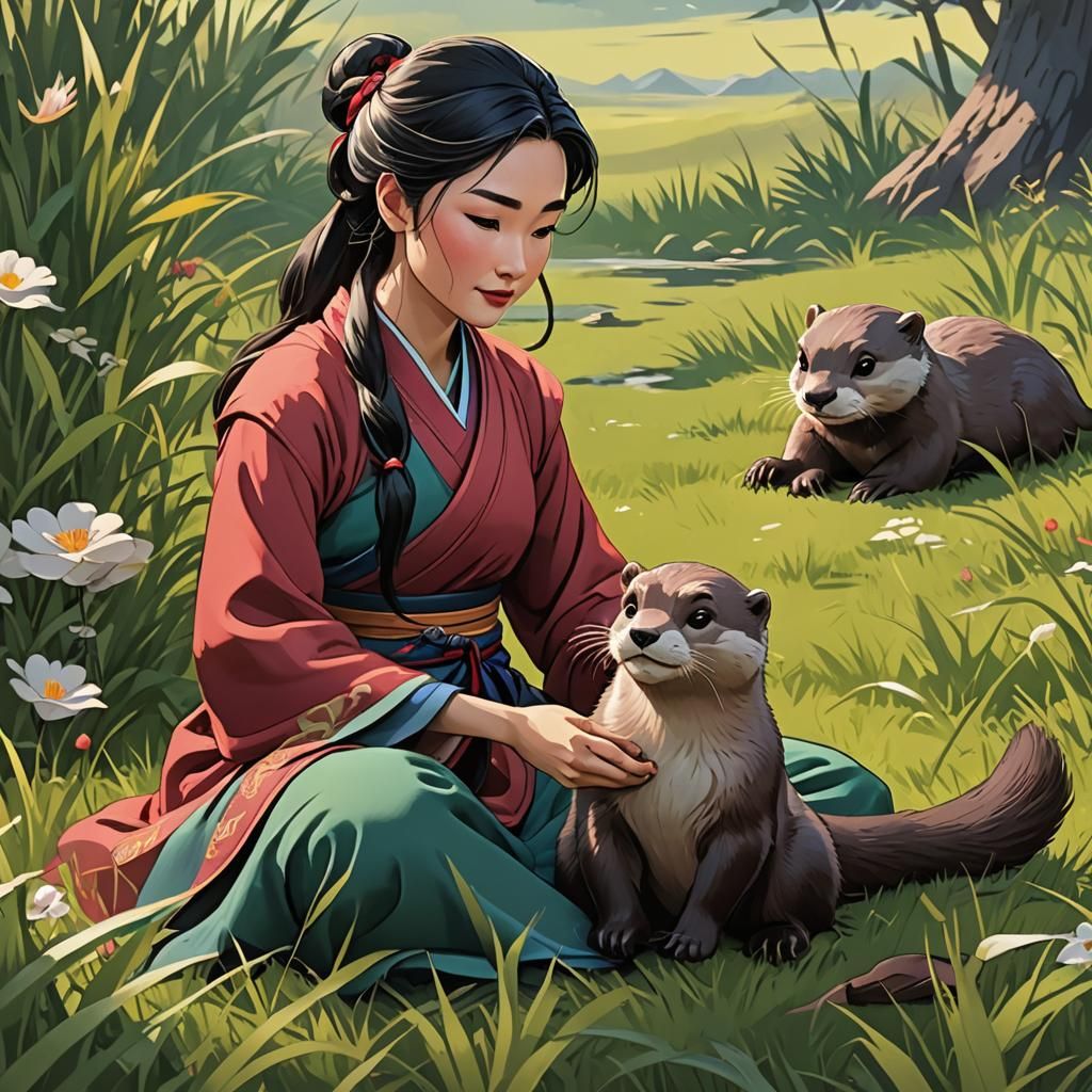 Mulan Plays with Otter in Anime Style
