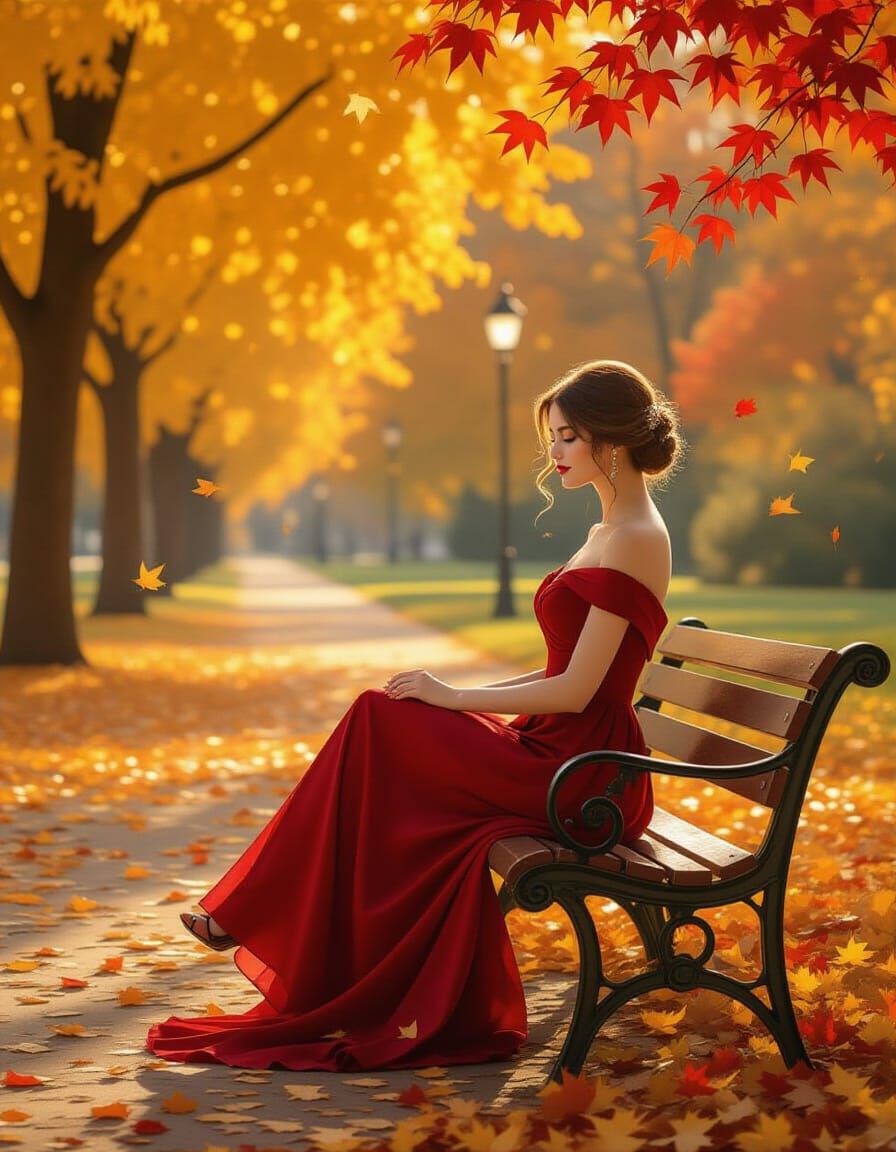 Romantic Autumn Portrait of Woman in Crimson Dress