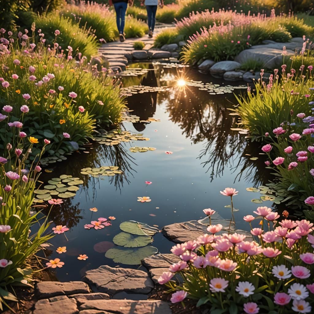 Picturesque Sunset Path with Flowers and Pond