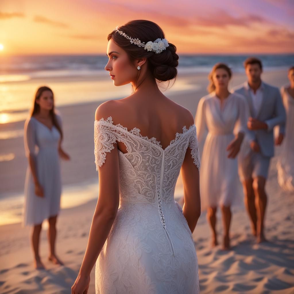 Woman in Lace Wedding Dress on Beach, Hyperdetailed Portrait