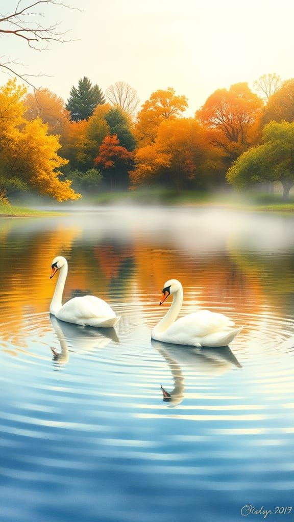 Whimsical Lakeside Scene in Watercolor Style