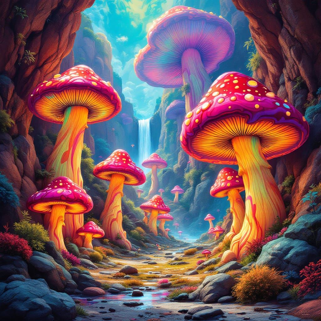 Psychedelic Flintstones Mushrooms in Dreamlike Landscape