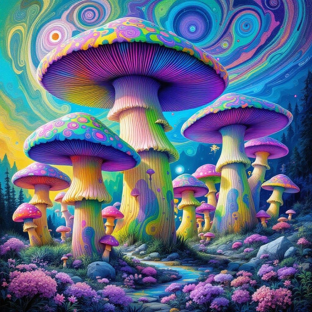 Psychedelic Flintstones Mushrooms in Pop Art Style