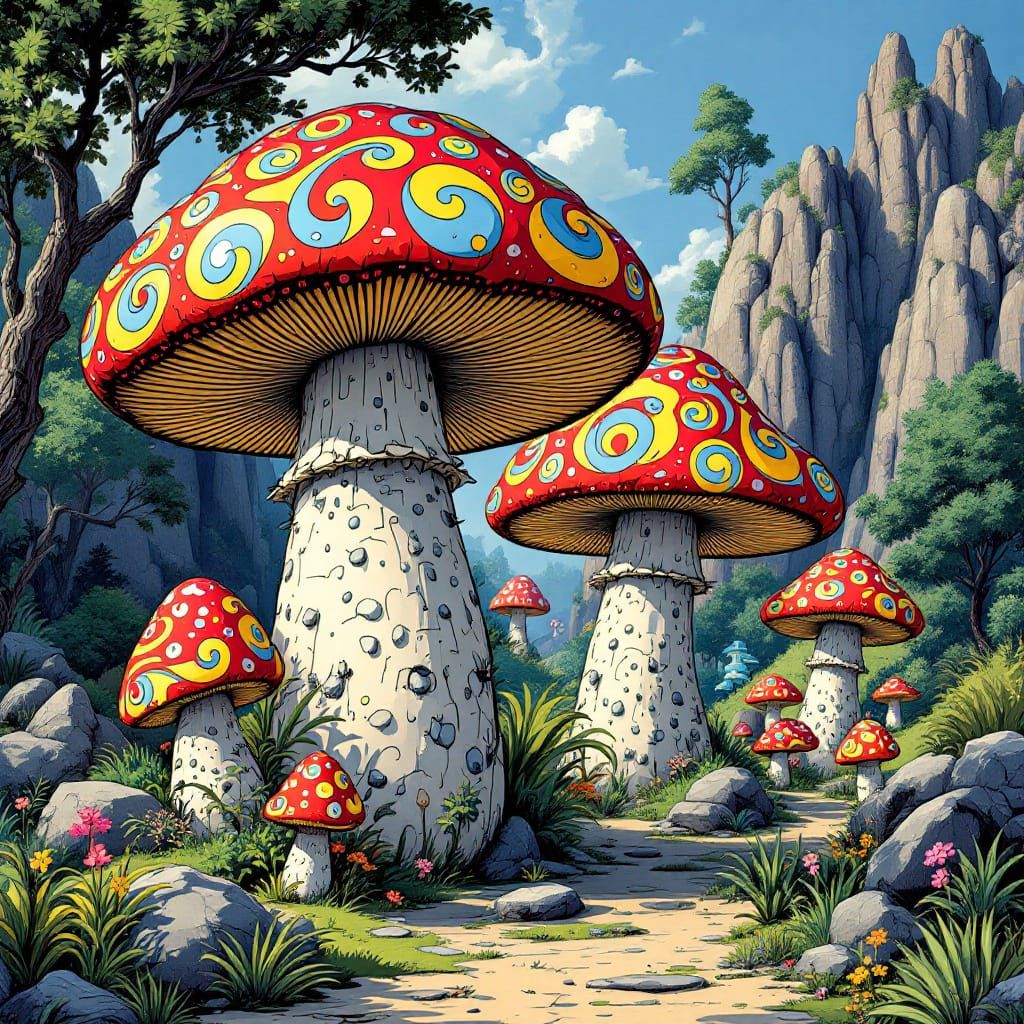 Psychedelic Flintstone Mushrooms in Surreal Landscape