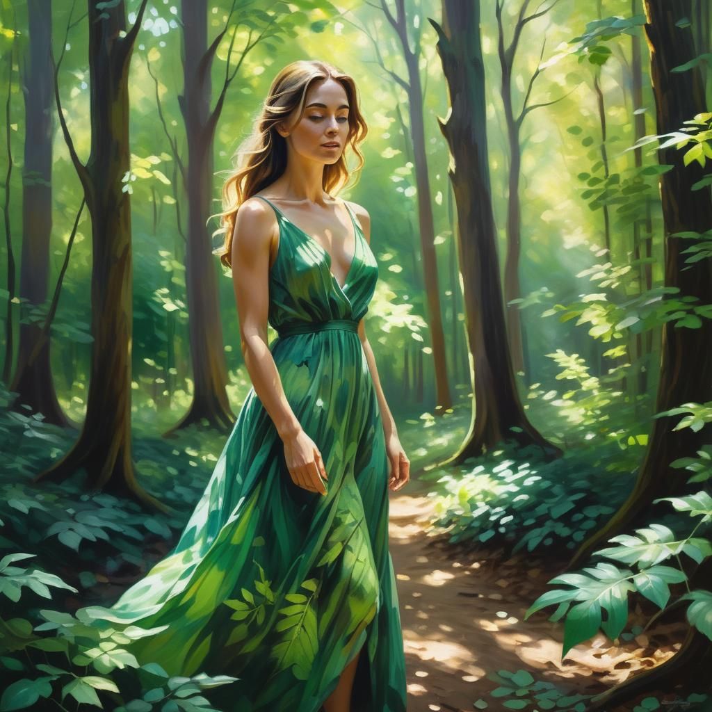 Woman in Forest with Chrysoprase Leaves: Oil Painting