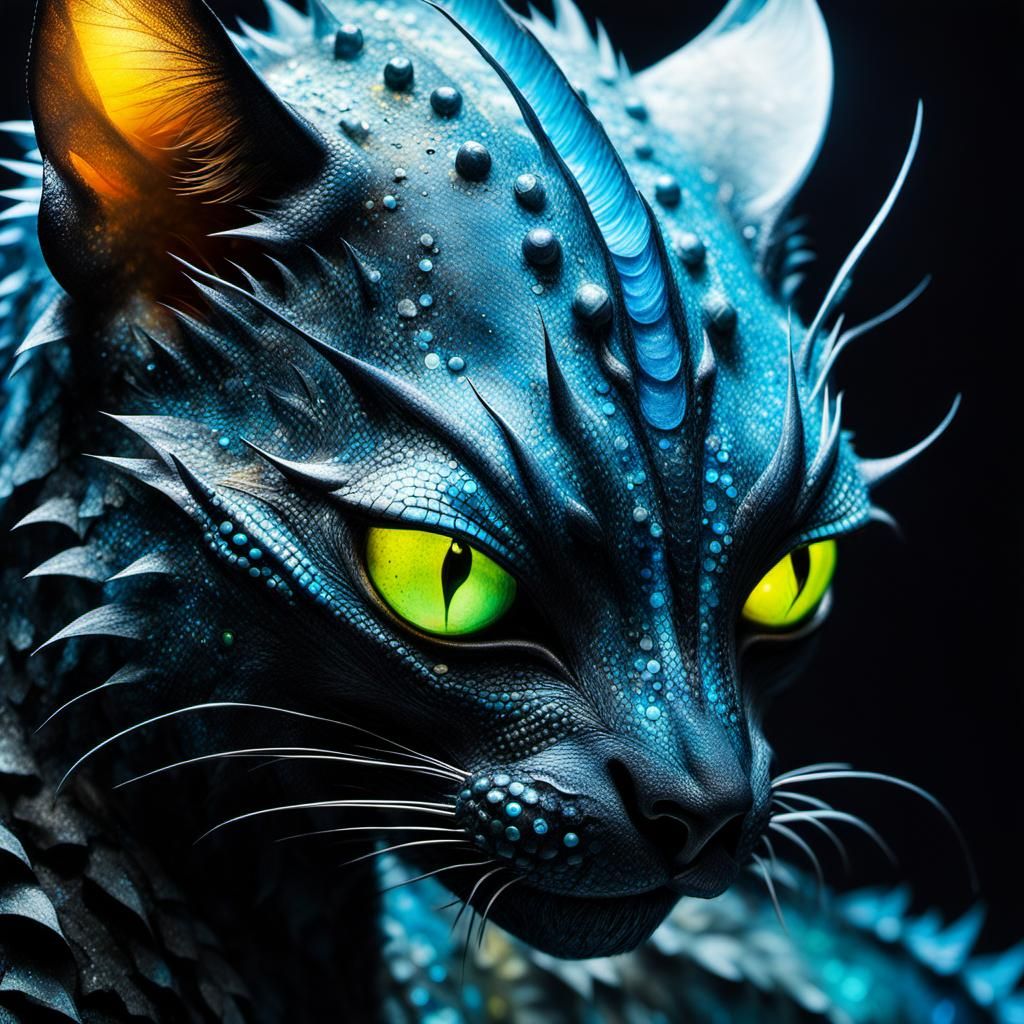 Neon Bioluminescent Dragon Kitten Portrait in Hyperrealistic...