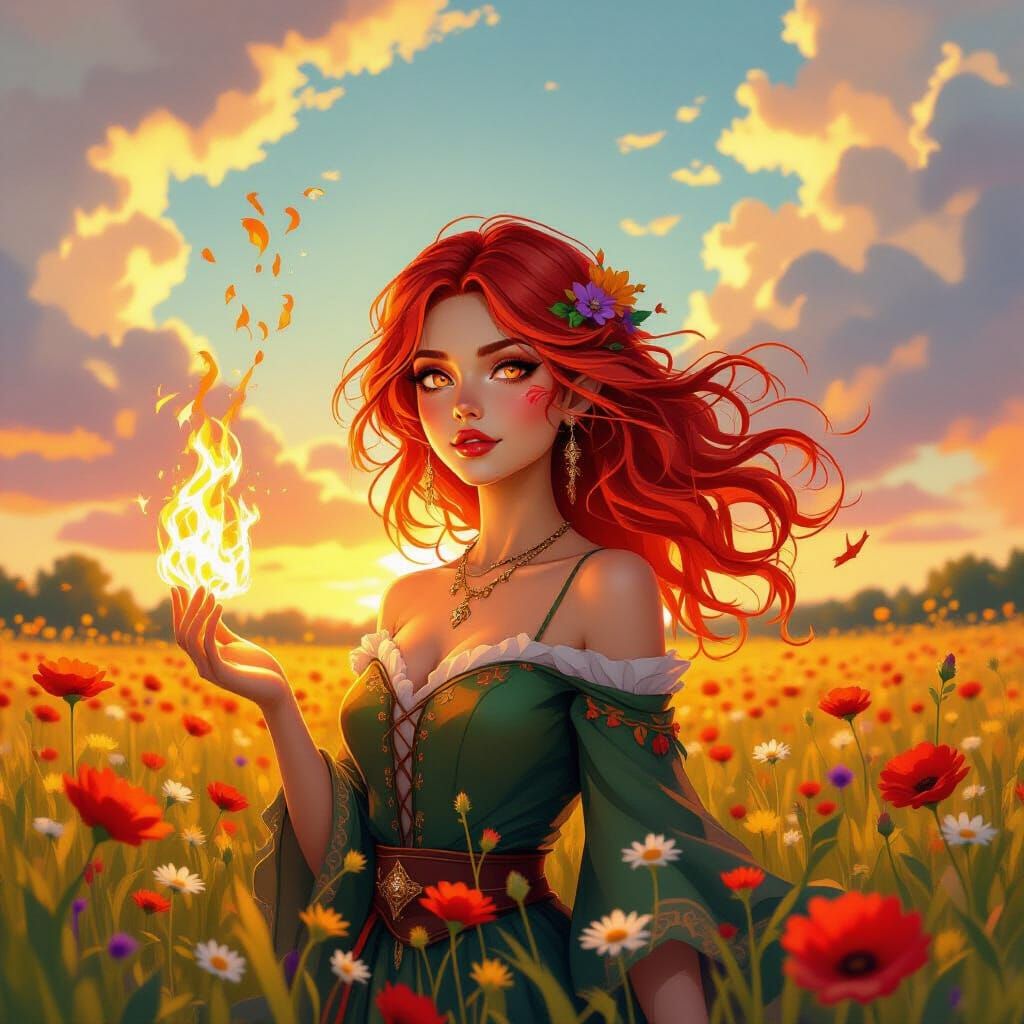 Fire Elemental in Wildflower Field: Digital Painting