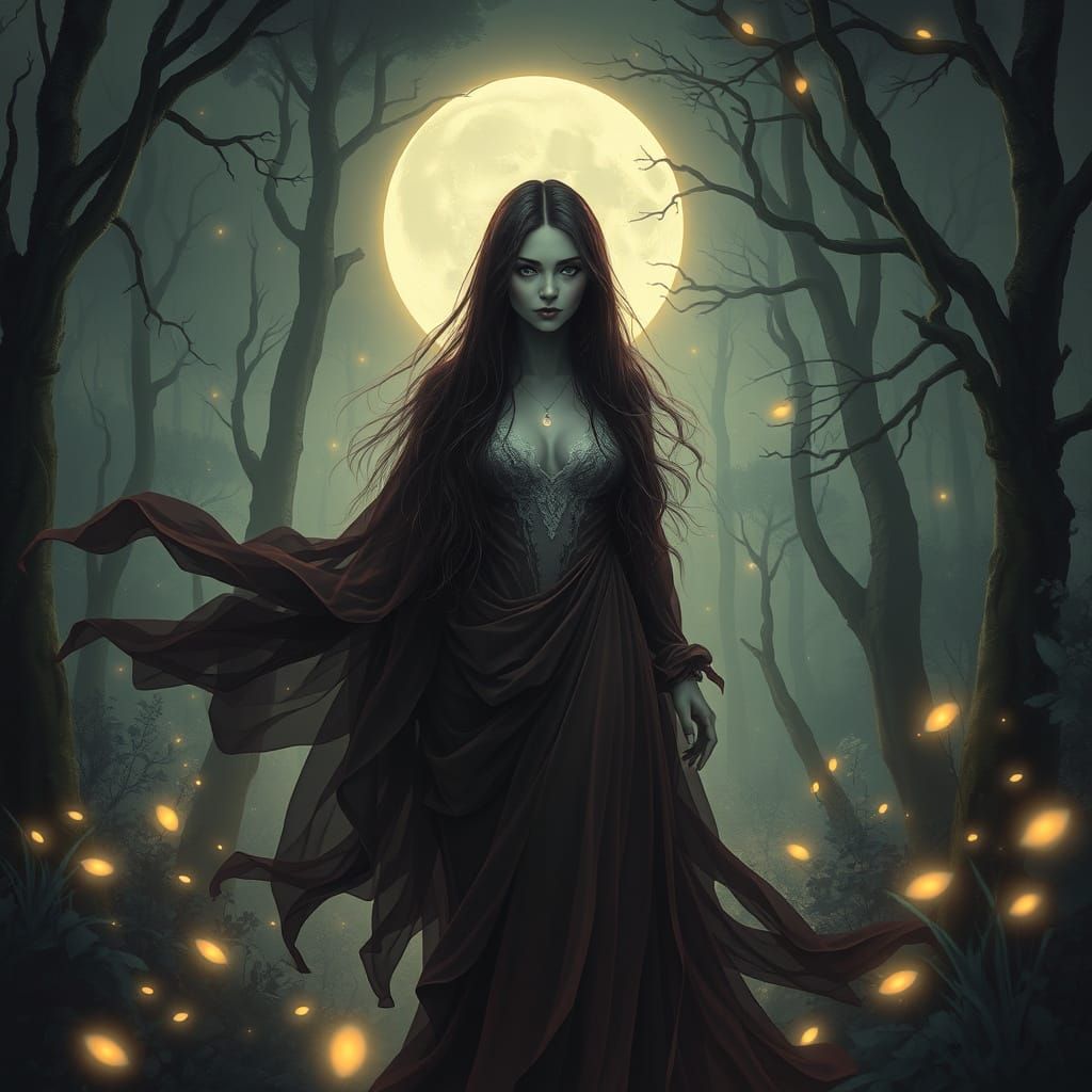 Dreamlike Woman in Moonlit Forest