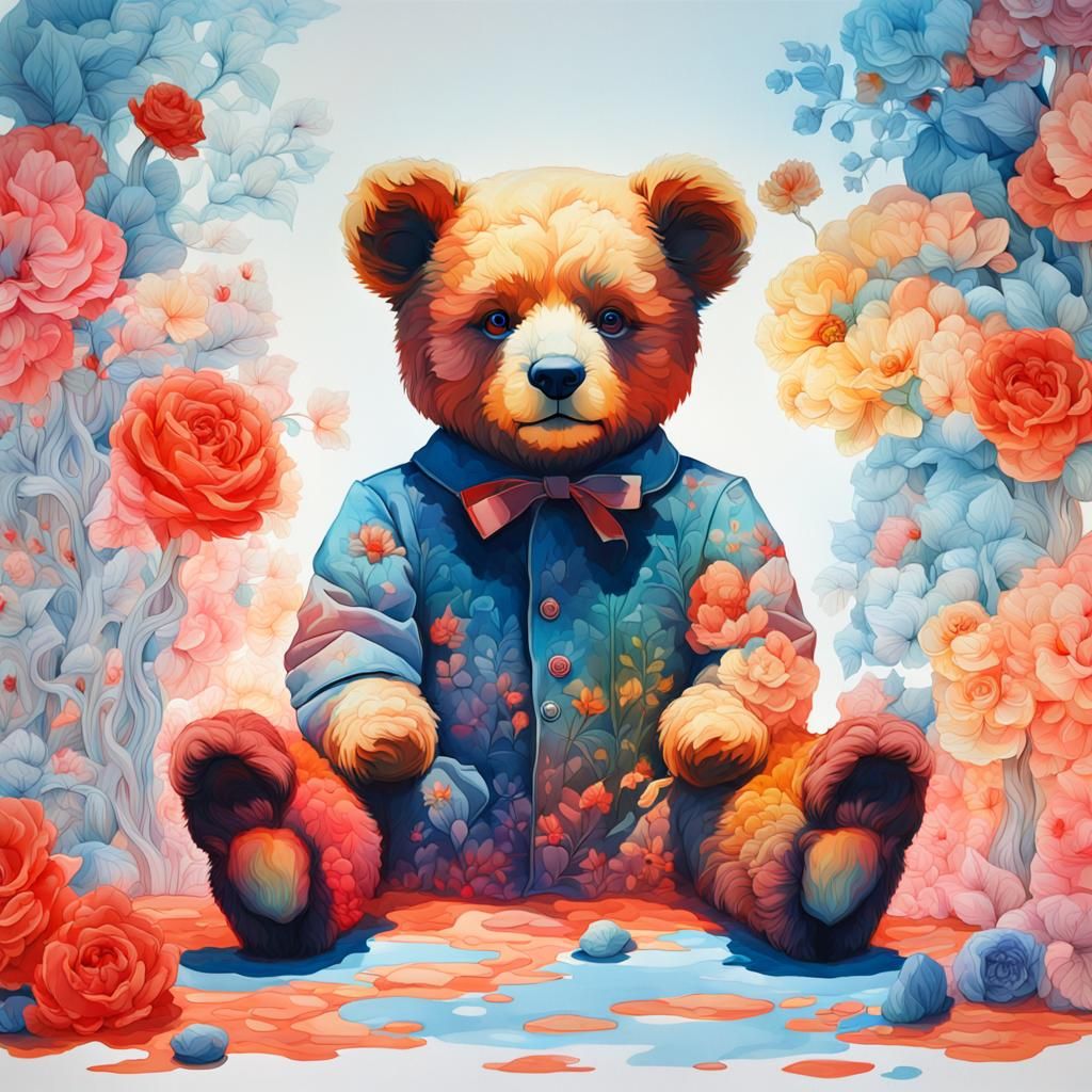 Teddy Bear Double Exposure in Gouache Style
