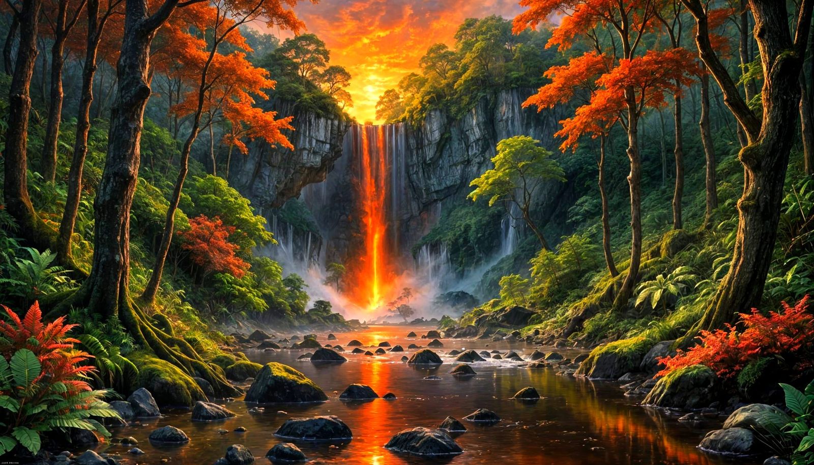 Epic Oil Painting of Fiery Waterfall Illuminating Dark Fores...
