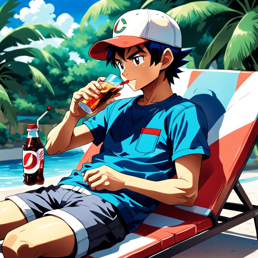 Ash Ketchum Relaxing with Poké Cola: Anime Style