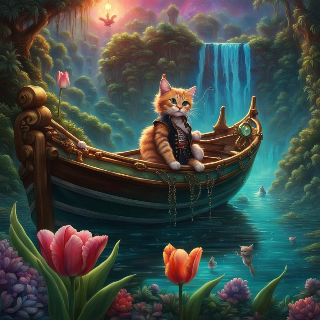 Iridescent Tulip Waterfall with Pirate Cats, Digital Art