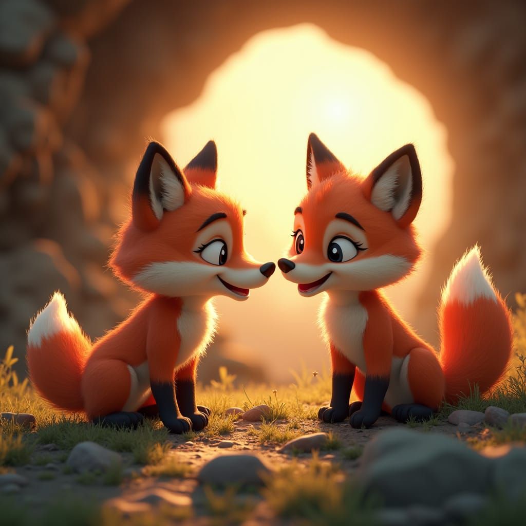 Fox and Wolf Cubs Play in Sunlight: Pixar-Inspired 3D