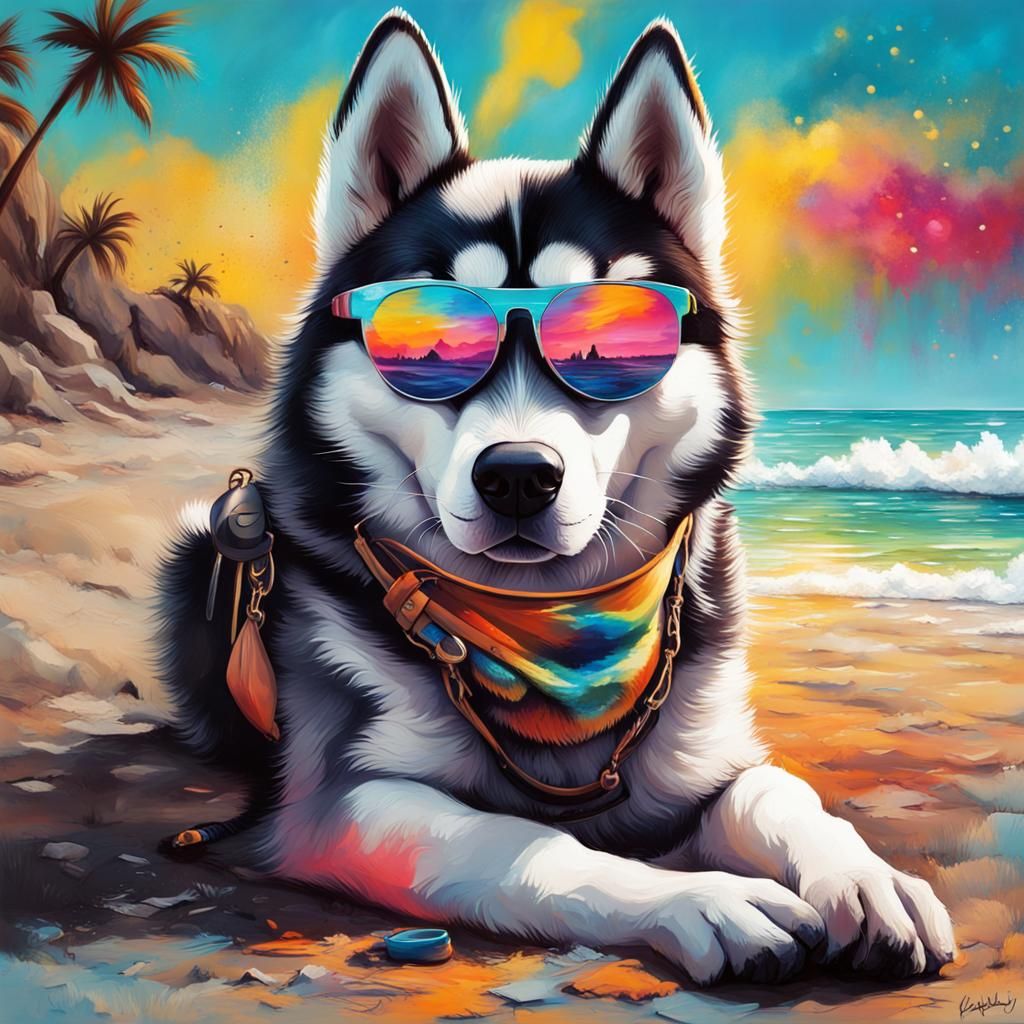 Husky with Sunglasses: Graffiti Art Sunset